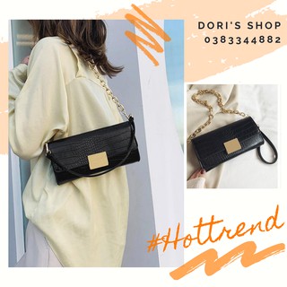 [Shoulder Bag] Túi kẹp nách da sần dây xích thời trang - Màu đen/ trắng/ tím