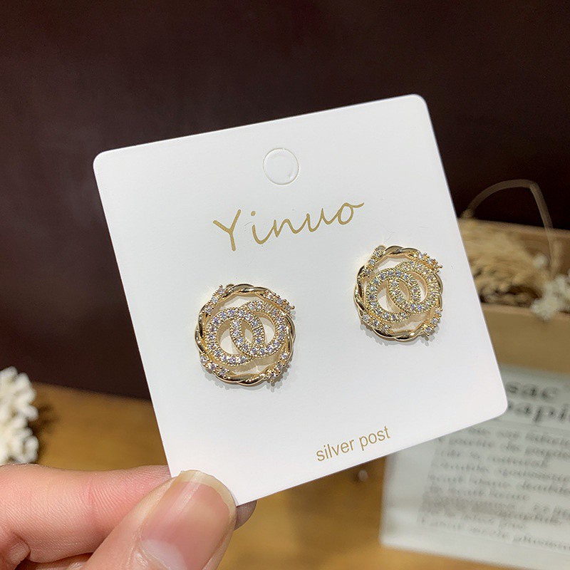 Khuyên tai đính đá Zircon hình tròn phong cách Hàn Quốc