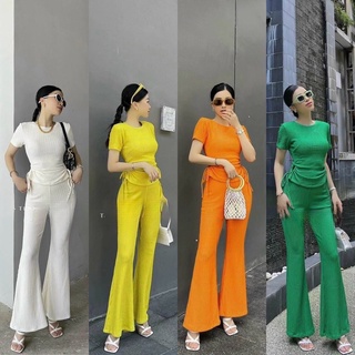 Set bộ áo rút dây 2 bên eo phối quần ống bass siêu sang