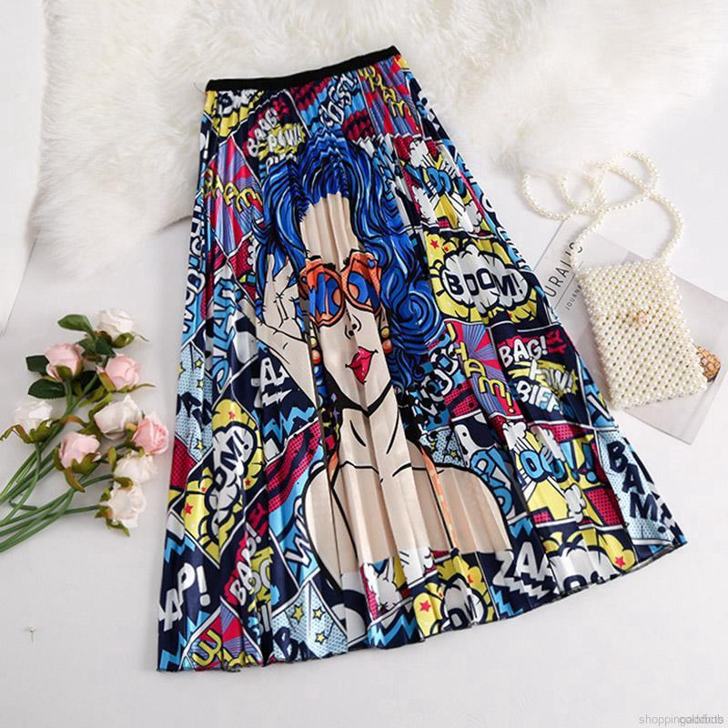 colorbobღWomen New Elastic Waist Cartoon Print Pleated Skirt