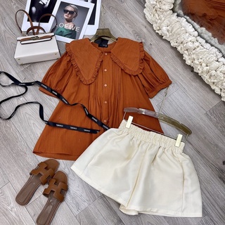 Set áo đũi cam viền bèo kèm quần short ngắn tacta✌️ảnh thật