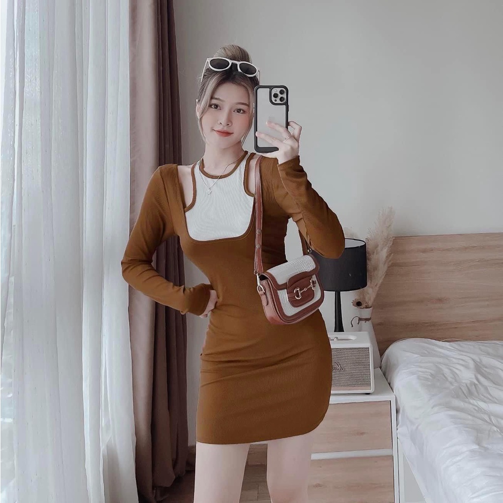 Đầm Body Tay Dài Khoét Vai Phối Viền