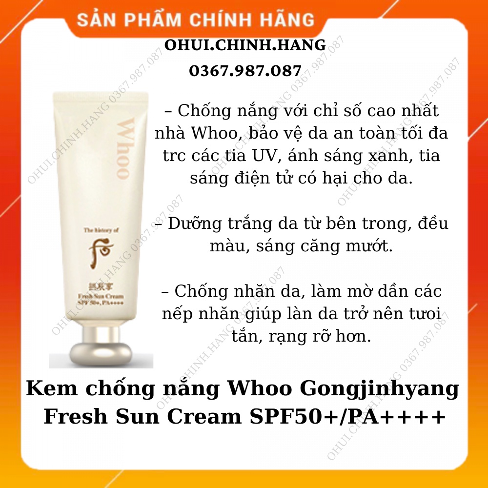 Gói Kem chống nắng Whoo Gongjinhyang Fresh Sun Cream SPF50+/PA++++ 1ml_Chống nhăn da, làm mờ dần các nếp nhăn