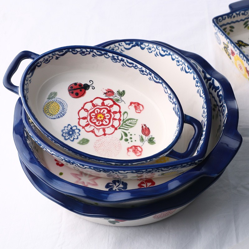 Khay sứ trắng xanh oval 2 quai hoa văn cổ điển - chịu nhiệt tốt