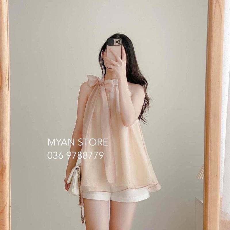 Áo 3 lỗ cổ buộc nơ chất lụa tơ oganza siêu xinh