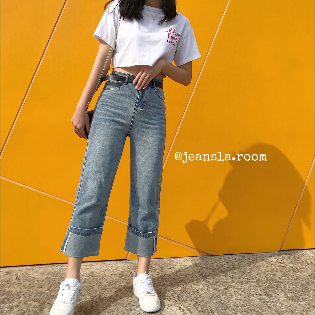 ⚡FREESHIP⚡ Quần Culottes Jeans JEANSLA Xanh nhạt cạp cao form suông ống rộng xắn gấu cao vệt bạc đùi siêu chất [#QJL5]