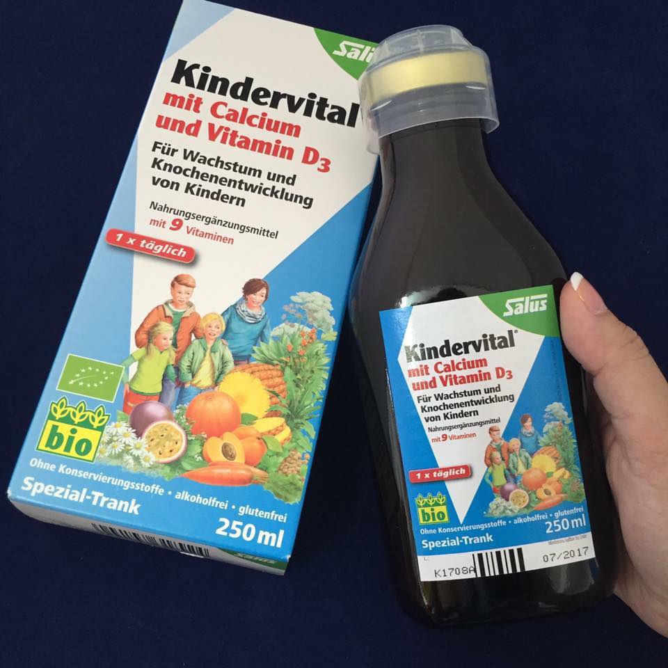 Dung dịch siro bổ sung canxi D3 và các vitamin hữu cơ Kindervital Salus 250ml - dạng nước dễ hấp không gây nóng