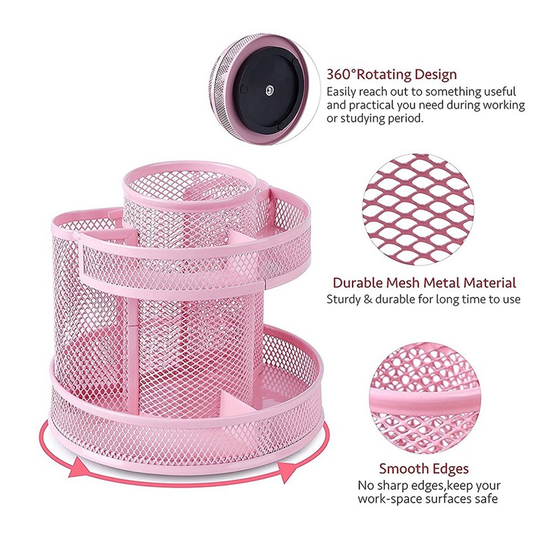 Cute Rotate Desk Organizer Mesh Desk Accessories Pen Holder Spinning Pencil Storage for School Office Supplies - Pink