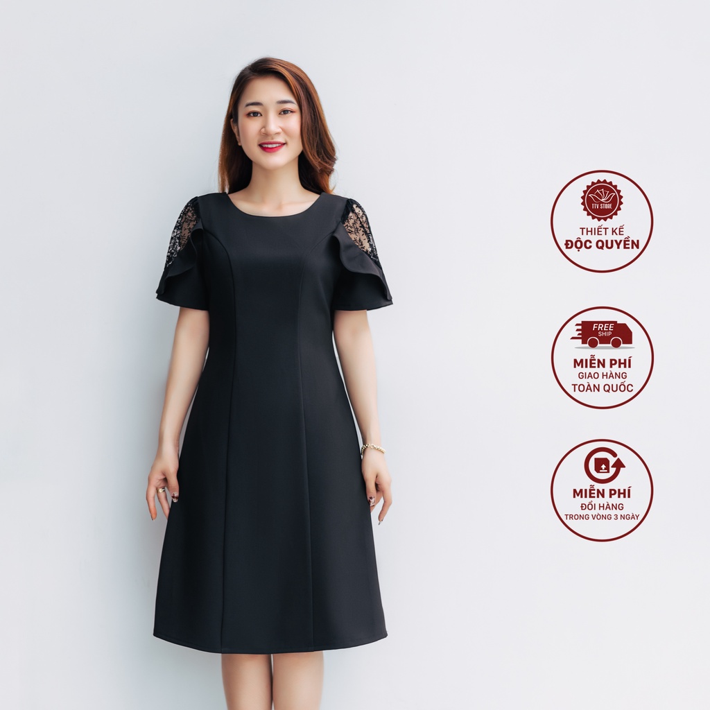 Đầm công sở form suông cao cấp thiết kế cổ tròn phối ren ống tay màu đen - TTV865 TTV Store