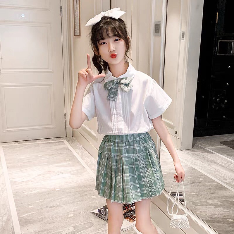 [XẢ HÀNG HÈ] Set sơ mi nơ cổ chân váy xếp li cho bé phong cách Hàn Quốc dễ thương, set bộ cho bé đi học đi chơi hàng đẹp