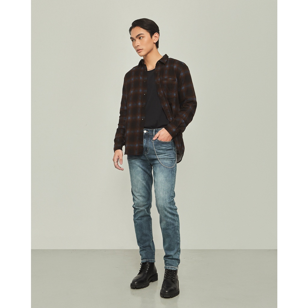 Áo sơ mi flannel nam cotton Highway (Menswear) Johan Kẻ nâu xanh