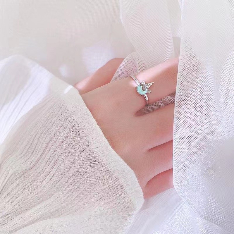 Nhẫn Hở Hình Kỳ Lân Đính Đá Nhiều Màu Sắc Phong Cách Hàn Quốc Cho Nữ