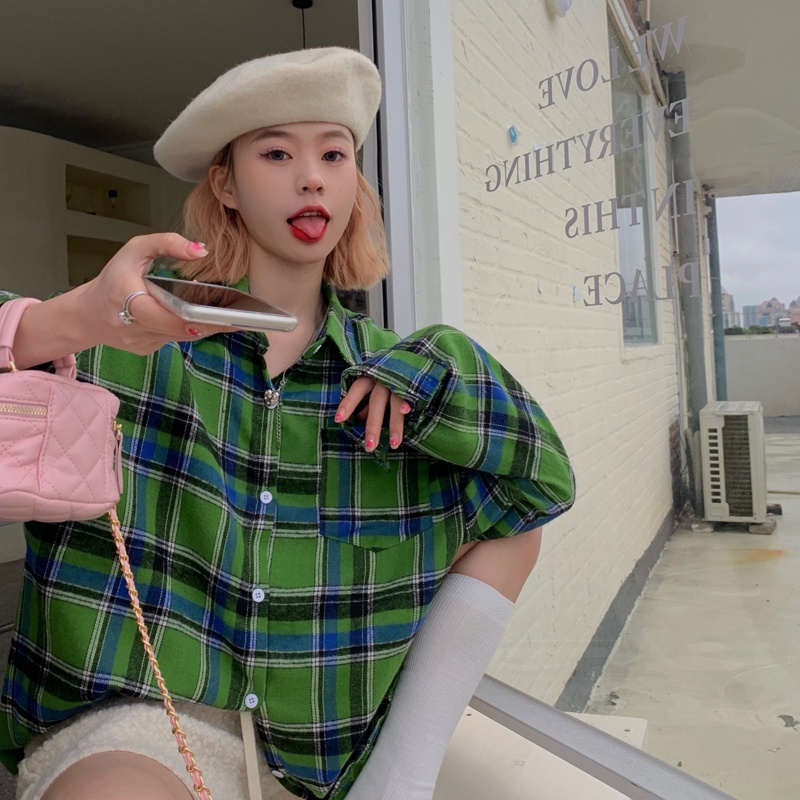 SUXI Áo Sơ Mi Nữ Tay Dài Dáng Rộng Họa Tiết Caro Phong Cách Hàn Quốc