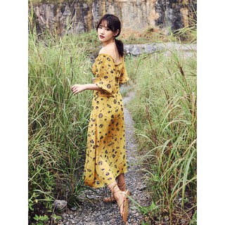 Đầm maxi vàng hoa đen xinh đẹp