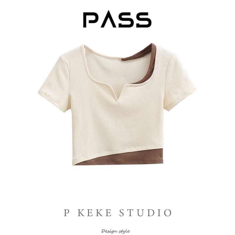 Áo Thun Croptop Ngắn Tay Giả Hai Lớp Thiết Kế Thời Trang Cho Nữ