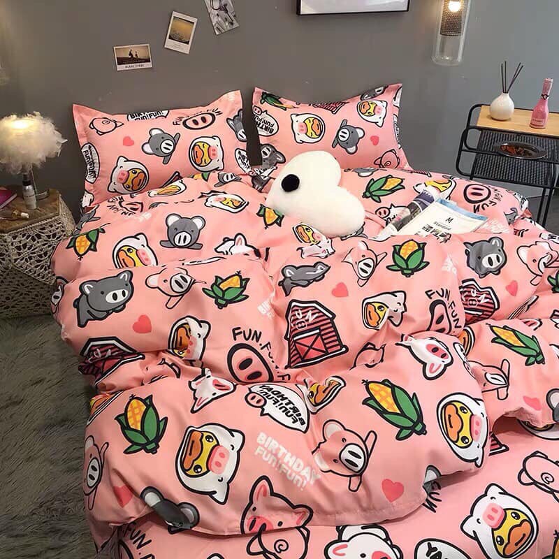 Chăn ga gối Emmibedding chất liệu cotton poly họa tiết nông trại lợn đáng yêu đủ size miễn phí bo chun