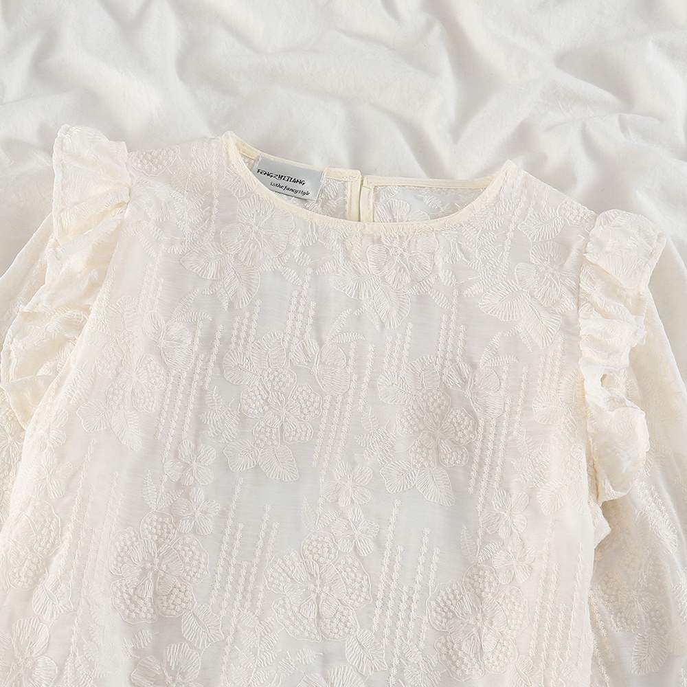 NUZIRO  Áo kiểu  tay dài cổ tròn phối ren thêu hoa dáng rộng thoải mái