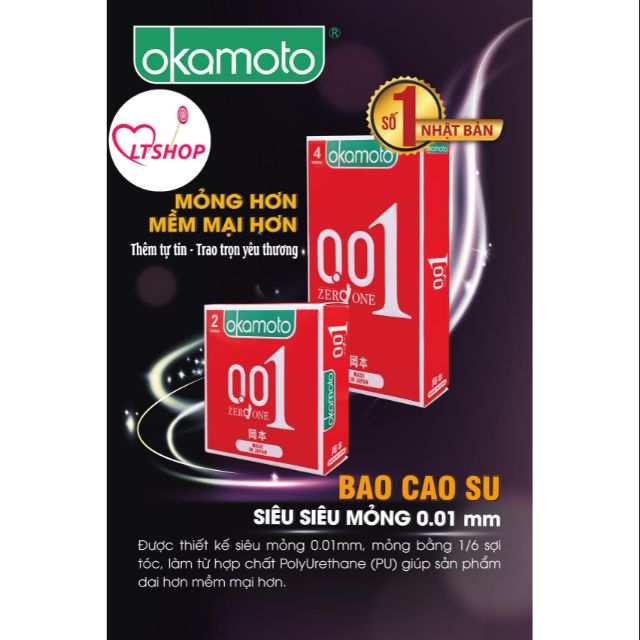 Bao Cao Su  Okamoto 0.01mm siêu siêu mỏng nhất thế giới  ( hộp 2 cái và hộp 4 cái)