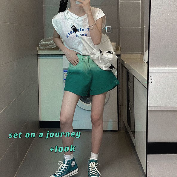 Quần short denim lưng cao ống rộng màu xanh lá thời trang hè 2021 cho nữ
