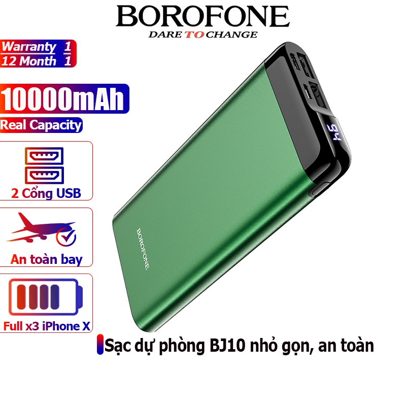 Pin sạc dự phòng 10000mAh BOROPHONE BJ10 có đèn báo LED, 2 cổng ra USB - Chính hãng