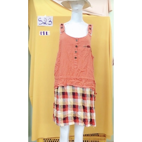 đầm yếm cam xô phối họa tiết caro size M/L.S23