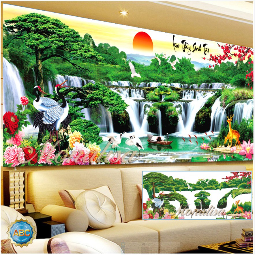 Tranh đính đá phong cảnh thiên nhiên Lưu thủy sinh tài khổ lớn 200x90cm và  vừa 160x75cm | Shopee Việt Nam