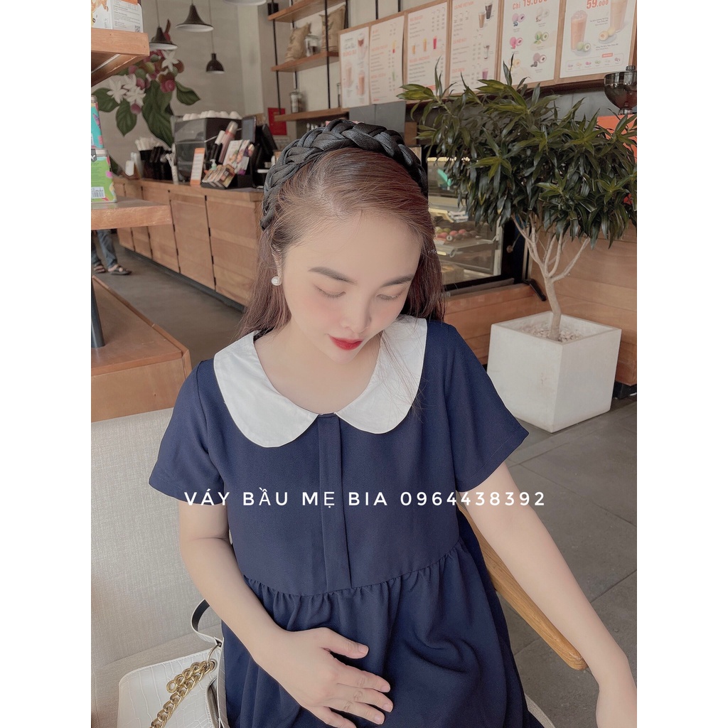 Váy bầu bigsize 40-100kg Váy Bầu Công Sở, Đầm Bầu Babydoll Xanh Than Phối Cổ Sen Trắng [Video + ảnh thật MB245