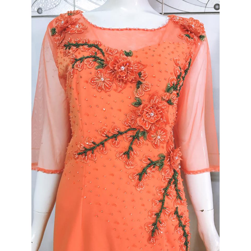 đầm trung niên nữ phối hoa và đính pha lê