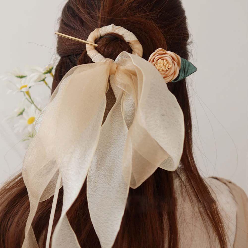 Kẹp Tóc Nơ Vải Lưới Phối Ruy Băng Lụa Phong Cách Trung Hoa Cổ Điển Ngọt Ngào Cho Nữ