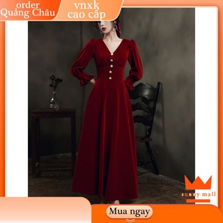 🌸BIGSIZE 65-75kg🌸 🌸QUẢNG CHÂU🌸 Đầm váy dài thiết kế nhung đỏ dự tiệc cổ V dài tay eo cao thắt eo bigsize đám cưới dạ hội