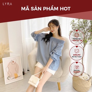 Áo kiểu trễ vai nữ LYRA, chất liệu thô mềm họa tiết kẻ dáng suông thắt nơ xinh xắn-VSYAC0107