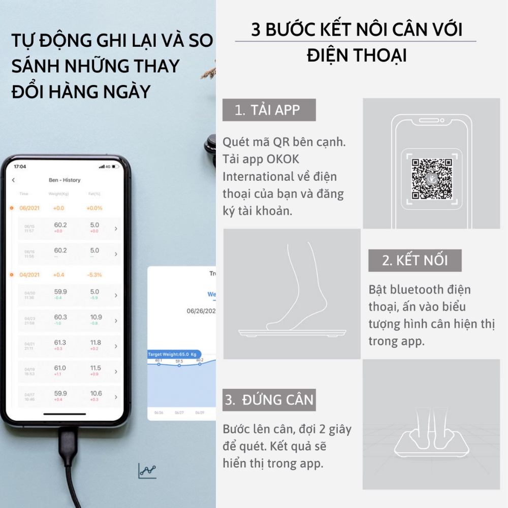 Cân điện tử sức khỏe kết nối Bluetooth phân tích chỉ số cơ thể Đo Mỡ Máu, Lượng Cơ, Tỉ Lệ Mỡ Cơ Thể