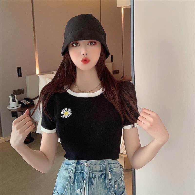 Áo croptop nữ hoa cúc  Áo thun nữ thêu hoa cúc  Áo croptop ulzzang - NhimShop - AT01