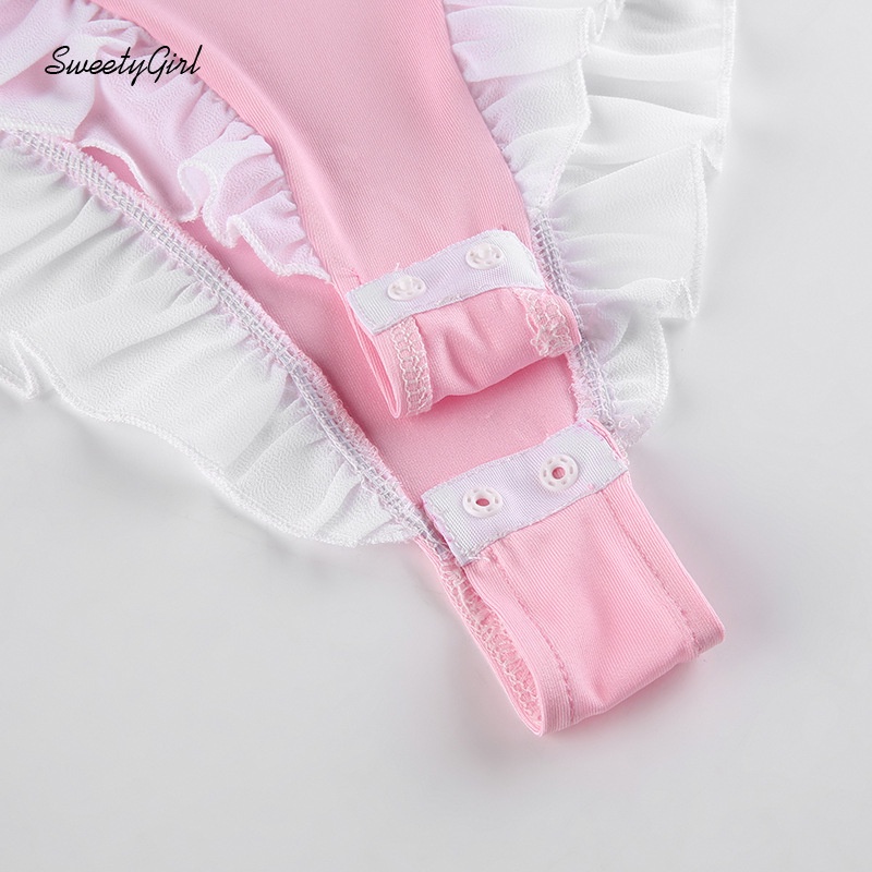 Sweety Girl Bộ Áo Liền Quần Nhún Bèo Hai Mảnh Màu Hồng Búp Bê Có Diềm Xếp Nếp 2022 Cho Nữ