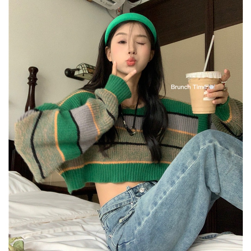 Áo Thun Lửng Tay Dài Họa Tiết Kẻ Sọc Thời Trang Mùa Thu Dễ Phối Đồ Cho Nữ