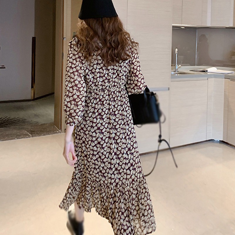 Đầm dài cổ chữ V in hoa ôm dáng phong cách Pháp thanh lịch cho nữ