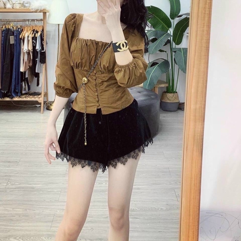 Quần short nhung phối ren cạp cao thời trang Banamo Fashion 694 | BigBuy360 - bigbuy360.vn