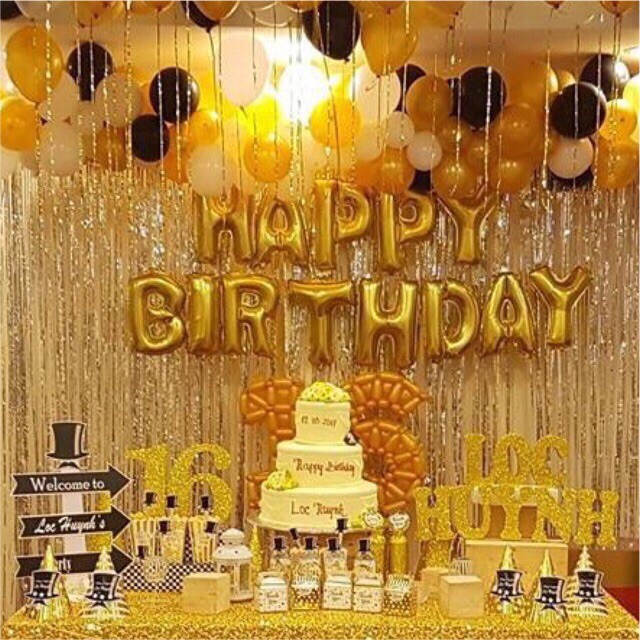 Combo 2 Rèm Kim Tuyến, bóng chữ Happy Birthday và 50 bóng nhũ Trang trí sinh nhật (tặng bơm+keo dính bóng)