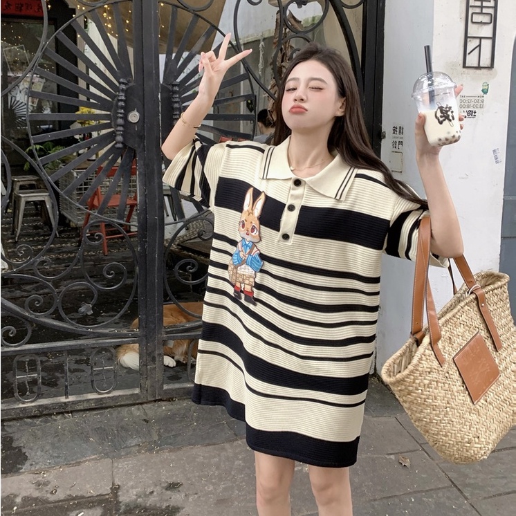 【ZHELIHANGFEI】Đầm Thun POLO Ngắn Tay Họa Tiết Sọc Ngang Thời Trang Dành Cho Nữ