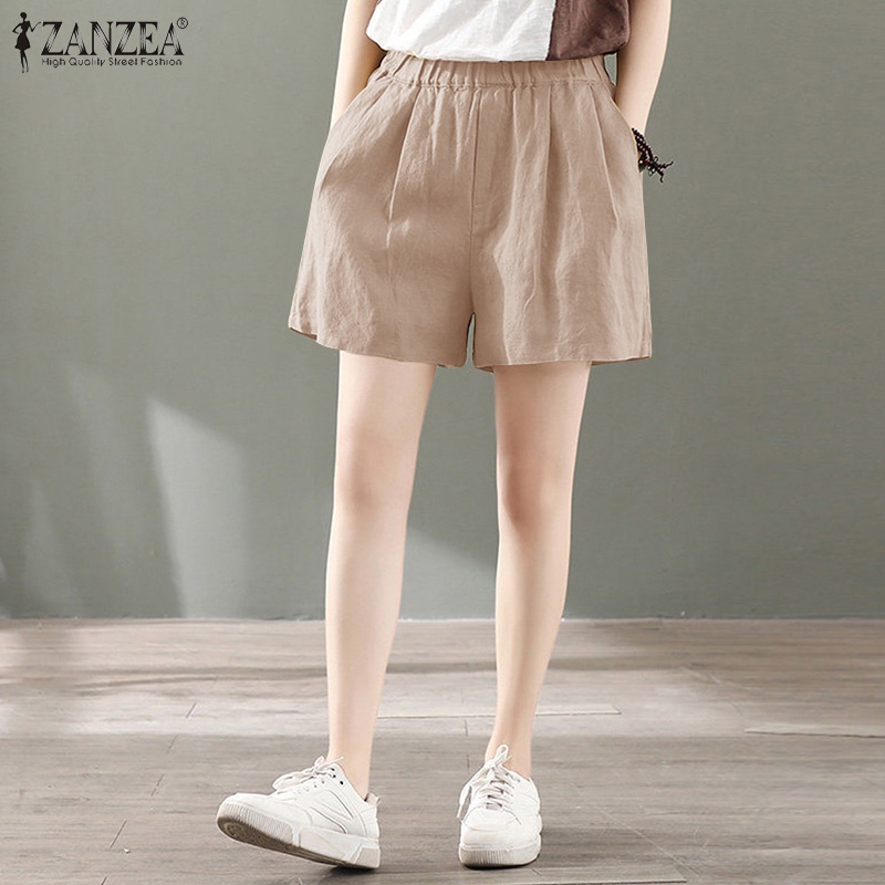 ZANZEA Quần ngắn ống rộng Lưng Thun Màu Trơn Thời Trang Cho Nữ