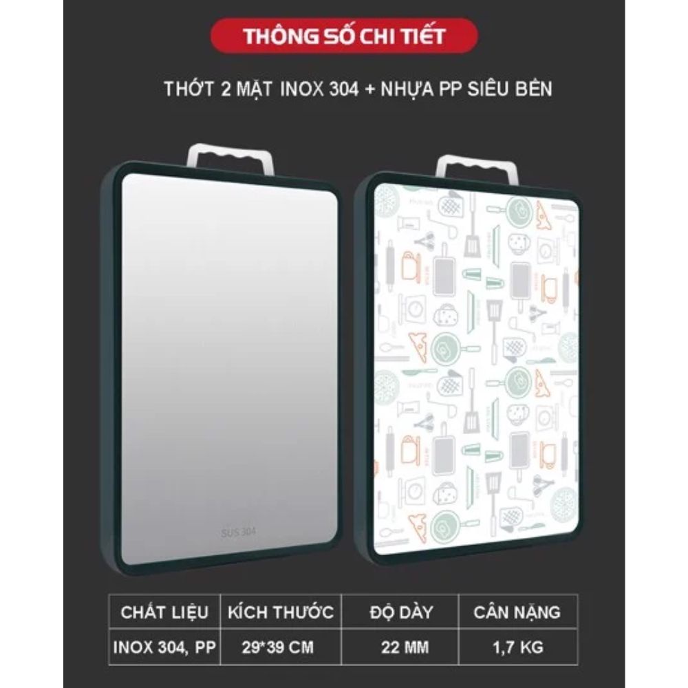Thớt Inox 304 Cao Cấp 2 Mặt Masuto Kháng Khuẩn Chống Ẩm Mốc Rã Đông Nhanh Siêu Bền - Hàng Chính Hãng