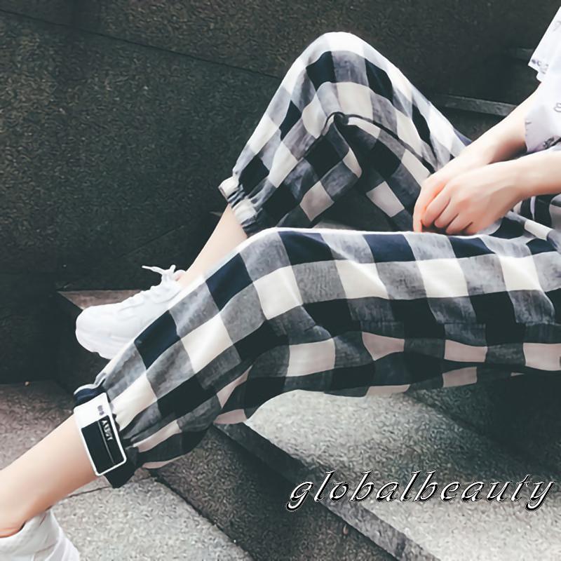 GB-Female Trousers, Women’ s Plaid High Waist Long Harem Pants with Drawstring for Spring Summer, S/M/L/XL/XXL