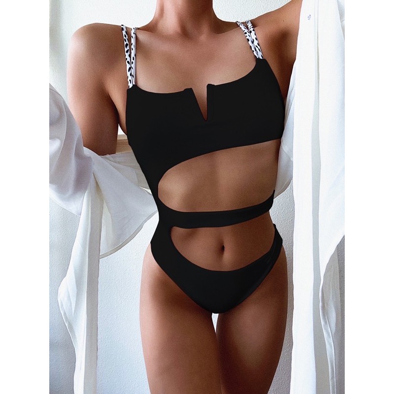 [BKN845] &lt;ÂU&gt; BODYSUIT CUTOUT CỔ V QUAI ĐỐM TRẮNG/ĐEN