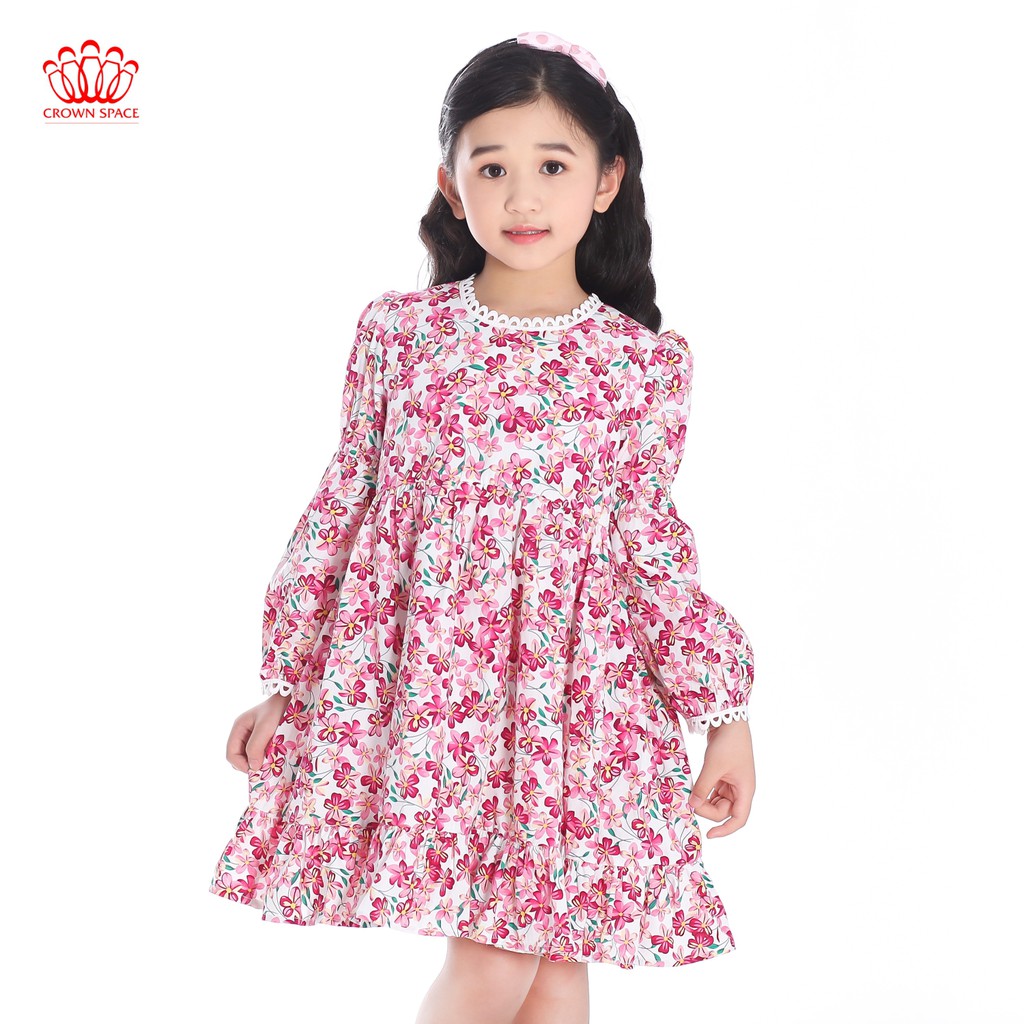 Váy Thu Đông Cao Cấp Crown Space Tay Dài Hai Lớp Dành Cho Bé Gái -Hồng Pastel Hoa Nhí Siêu Xinh CKGL2811501 Size 13-33kg