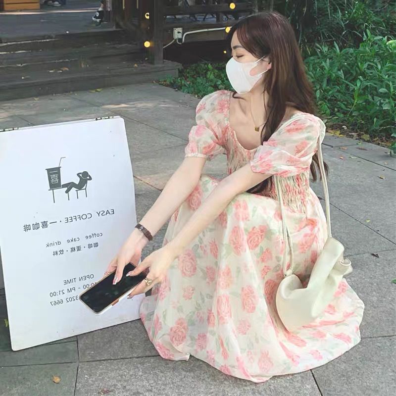 [MURIOKI] Đầm Hồng Trễ Vai In Họa Tiết Hoa Phong Cách Pháp Thời Trang Mới 2022 Cho Nữ