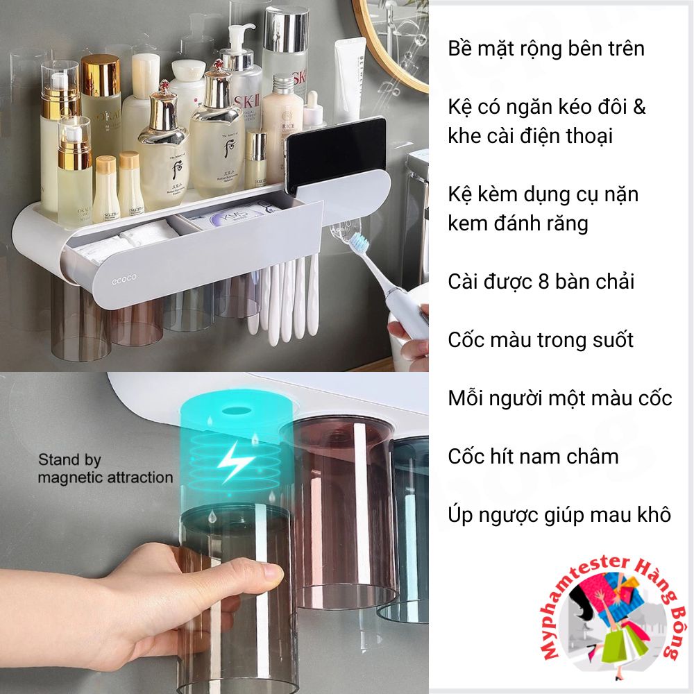 Kệ nhả kem đánh răng tự động cao cấp, hộp đựng bàn chải đánh răng Ecoco, kệ để đồ phòng tắm gia dụng thông minh