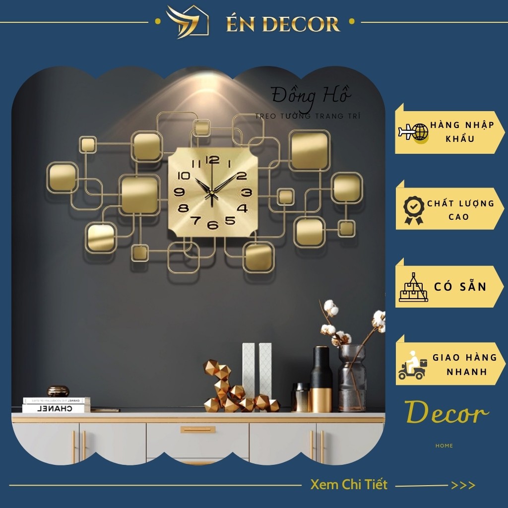 Đồng Hồ Treo tường,Đồng Hồ Trang trí, Ô Vuông, Nghệ Thuật, Kim Trôi, Én Decor