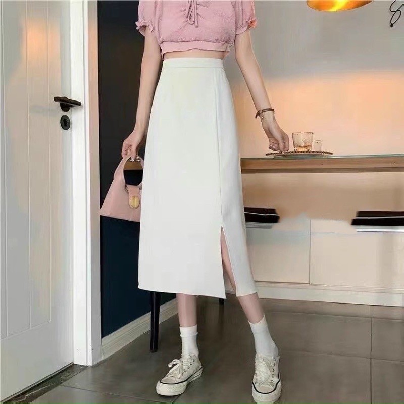 Chân váy midi chữ A dáng xẻ tà cạp cao hàng Quảng Châu (hàng sẵn) | BigBuy360 - bigbuy360.vn