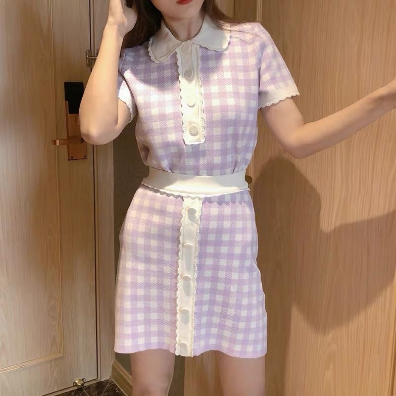 HOIX Maje French style 2021 autumn Plaid doll collar lace sweet short-sleeved knitwear sheath A- line skirt set for women