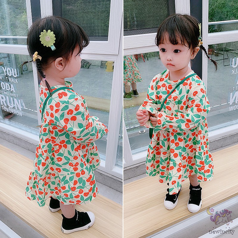 Đầm cotton dài tay in họa tiết quả anh đào đáng yêu dành cho bé gái